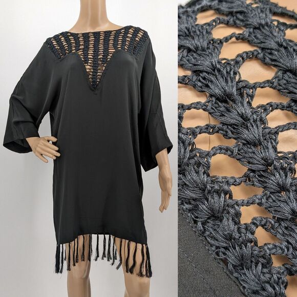 Acacia Silk Swimwear Mini Dress Fringe Crochet Minimalist Beach Swimsuit XS - Picture 1 of 14